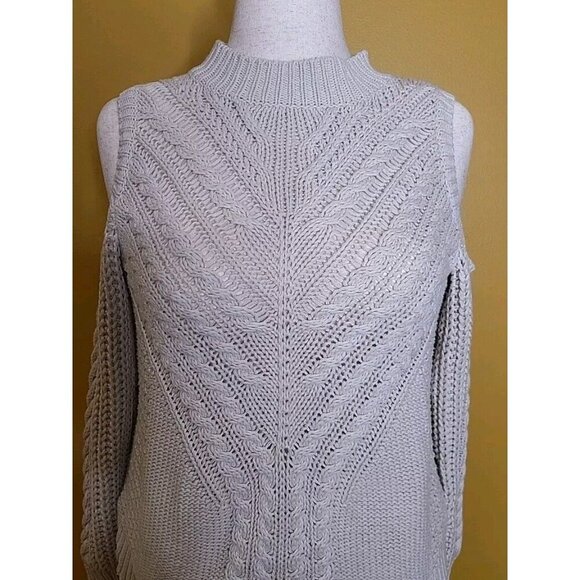 Aeropostale Womens Ivory Tan Cold Shoulder Open Knit Sweater Medium Mock Neck - Picture 2 of 11